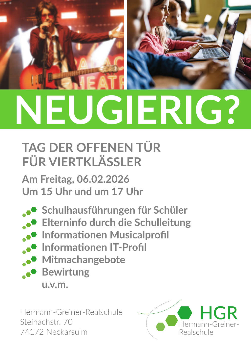 Einladungs Flyer für den Tag der offenen Türe an der HGR Neckarsulm am sechsten februar 2026